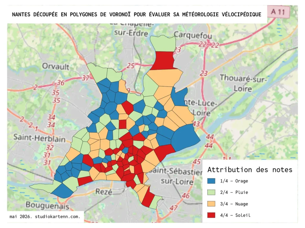 Découpage de la ville de Nantes en polygones de Voronoï.